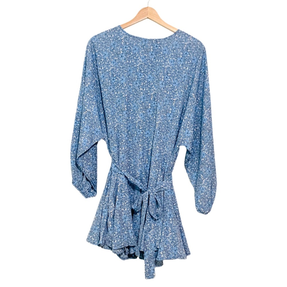 Chicwish Blue Floral Long Sleeve Dress Belted Small Ruffles Flowy Ditsy Print